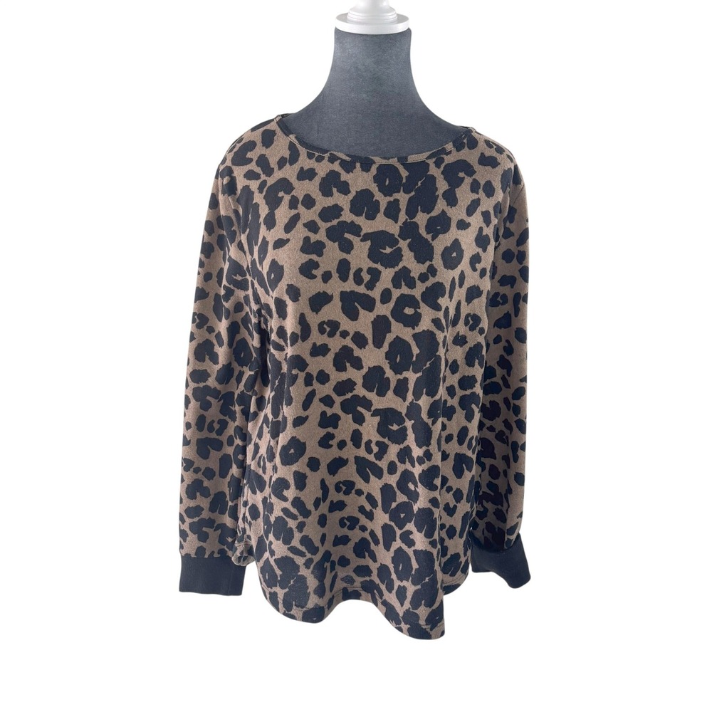 Pink Clover Leopard Print Long Sleeve Button Back‎ Top Elbow Patch Women Size L